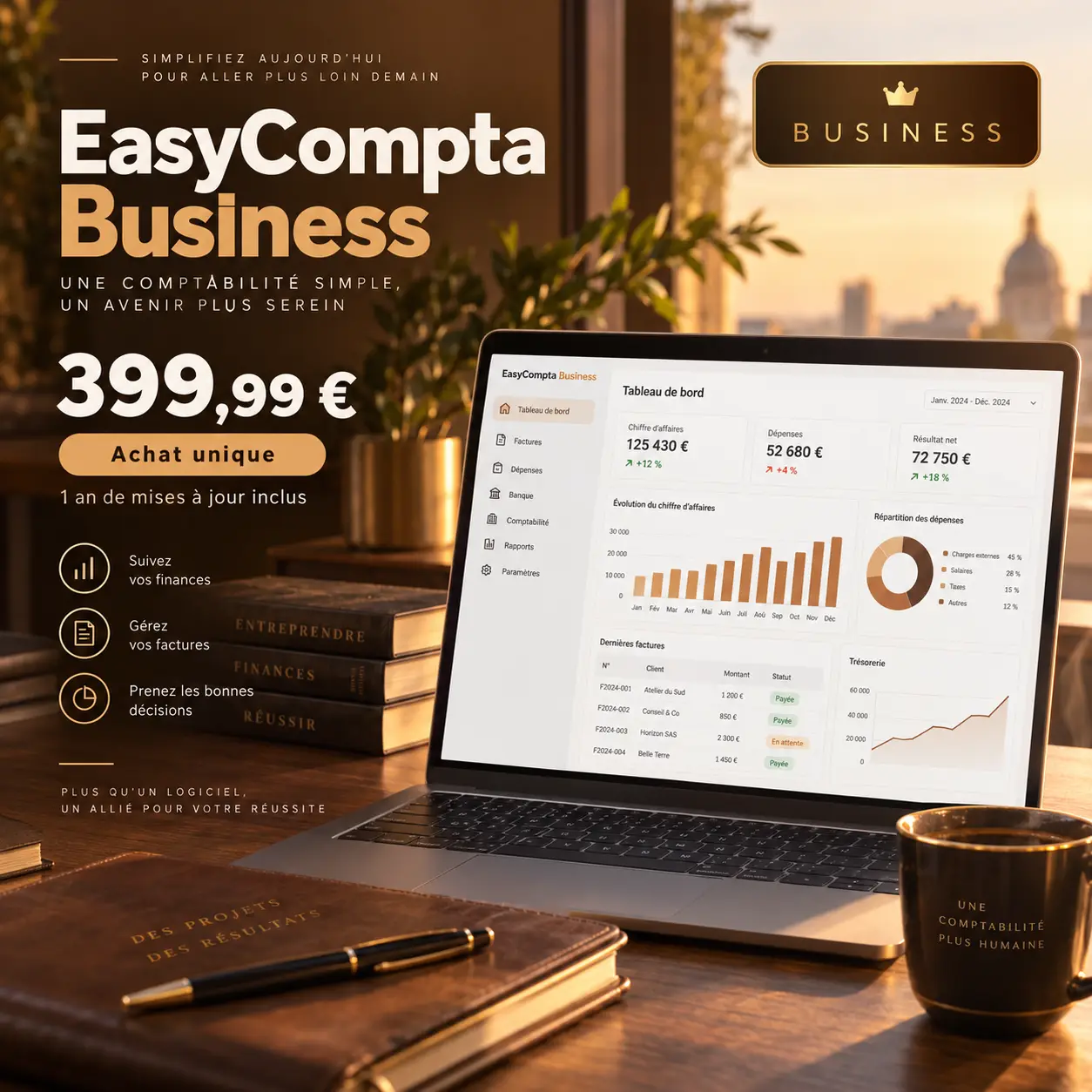 EasyCompta Business à 399,99 € : achat unique, mais 1 an de mises à jour