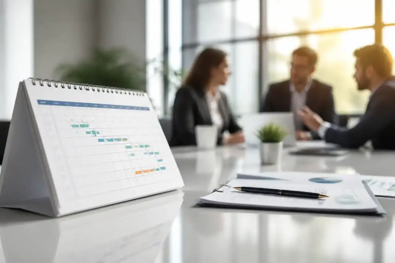 Comité de direction analysant un calendrier saisonnier et des indicateurs de marge